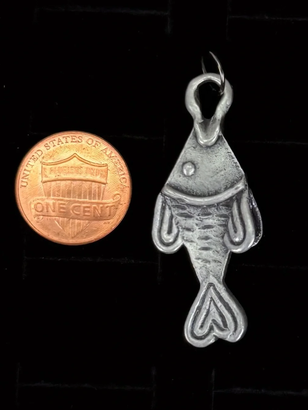 Vintage aged silvertone carved fish pendant + free 16” cord necklace